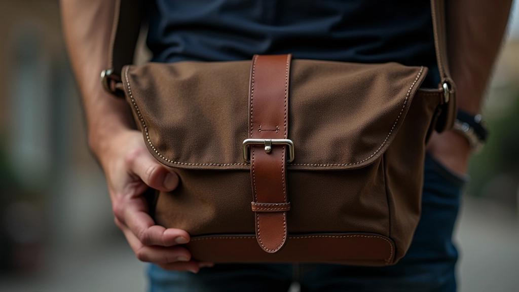 Detail view of messenger bag construction and quality stitching