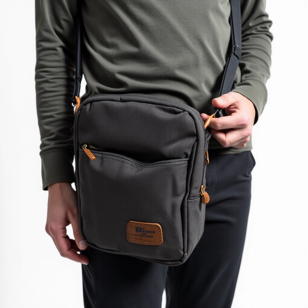 Detailed view of crossbody bag construction showing ballistic nylon texture, stitching quality, and organization panel pockets with professional lighting