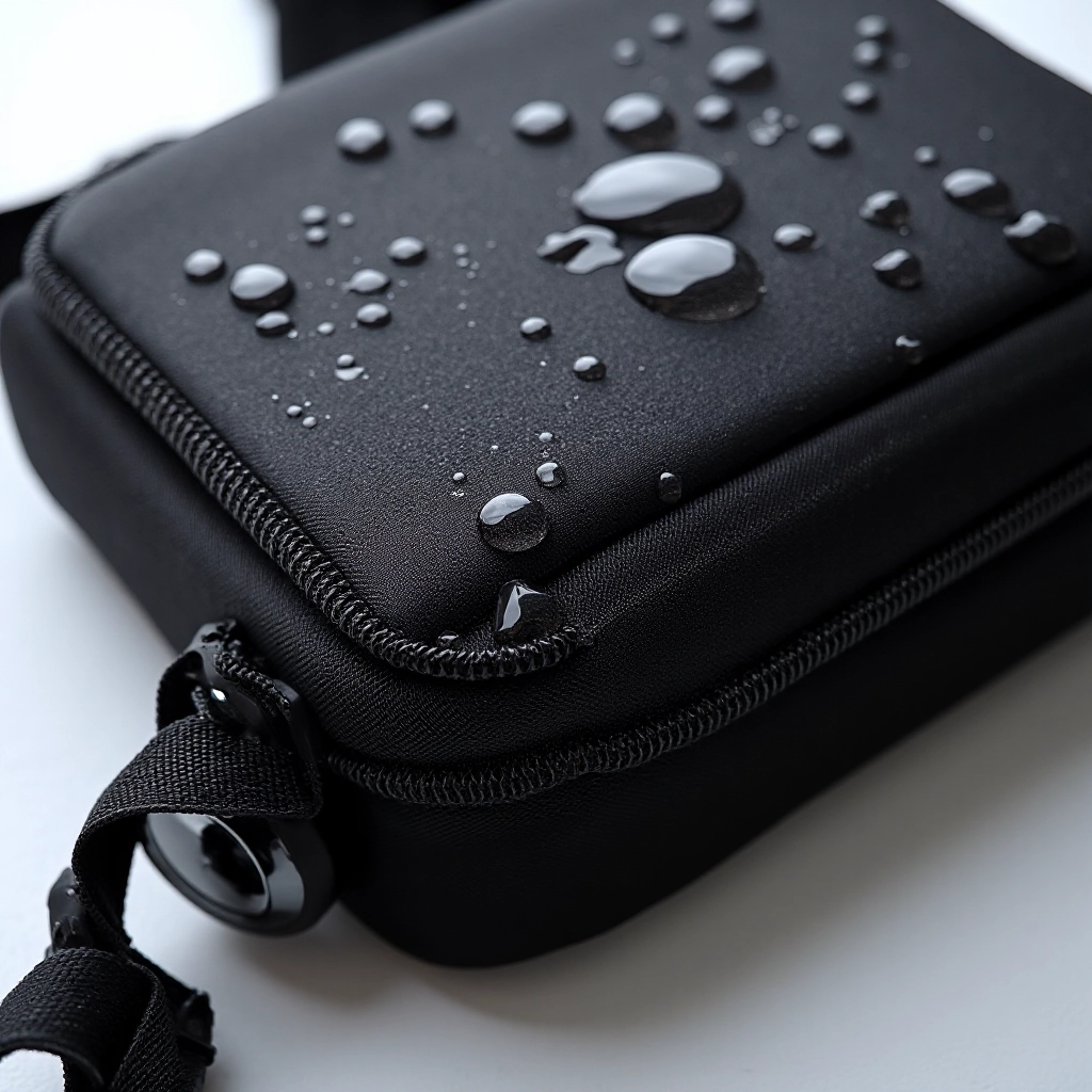 Detail shot showing water droplets beading on the water-resistant surface of the black recycled polyester material
