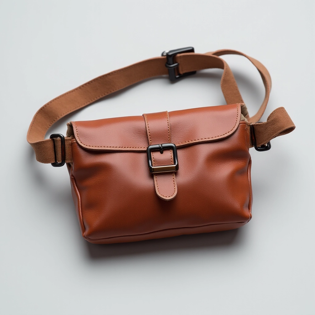 Cognac leather belt pouch displayed on grey surface, showing texture and color depth with patina development